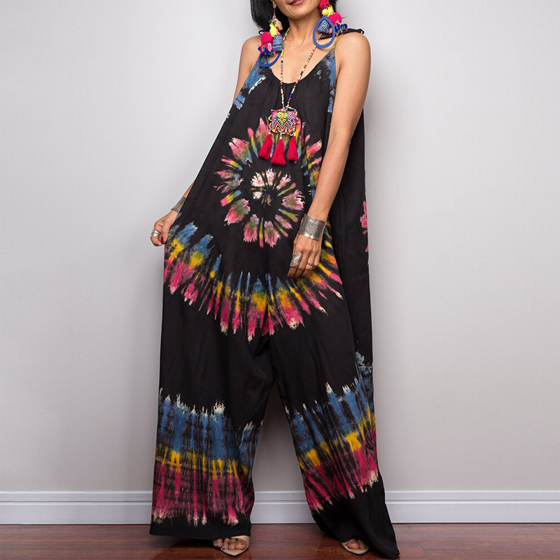 Tie-Dye Print Wide-Leg Tie-Up Loose Jumpsuit