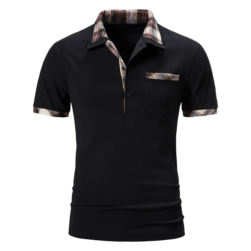 New Summer Short Sleeve Basic Lapel Polo Shirt Men's Plaid Colorblock T-shirt Top