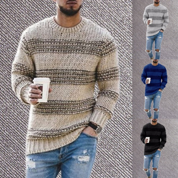 Casual Striped Knitted Sweater Men Round Neck Pullover Sweater