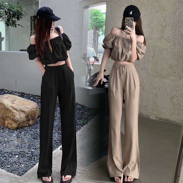 Retro Puff Sleeve Waist -Wide Leg Suit