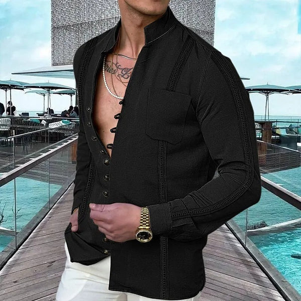 Men's Button Cotton Linen Solid Color Long Sleeve Shirt