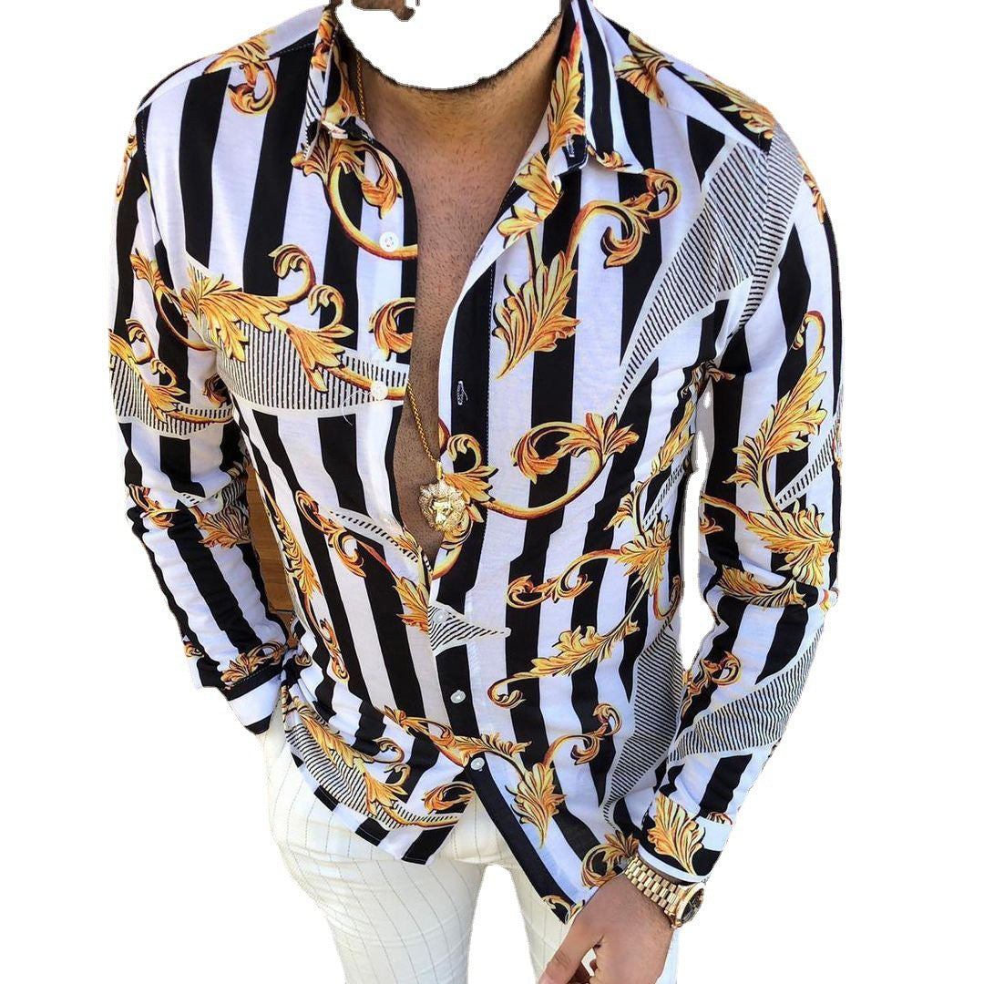 New Lapel Printed Casual Slim Fit Long Sleeve Shirt