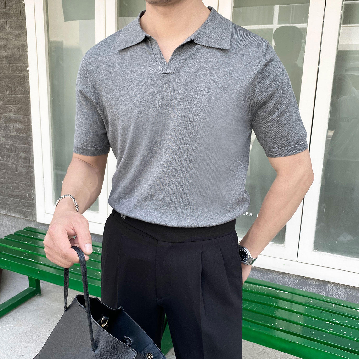 Polo Shirt Men Short Sleeve Is Decorated Body Solid Color Lapel