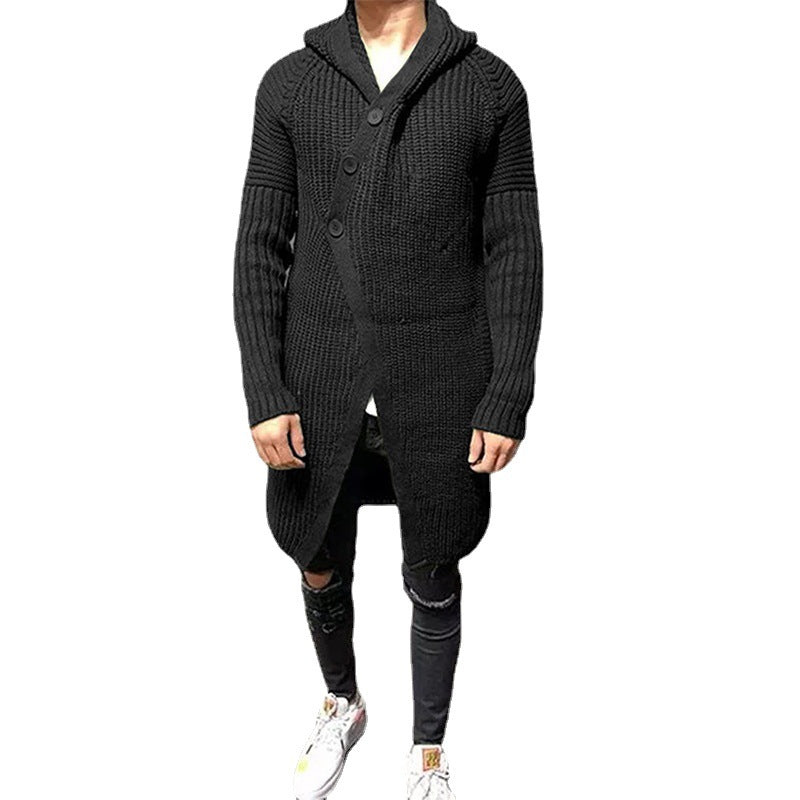 Long Knitted Hooded Sweater Coat Men Solid Color Button Casual Clothes