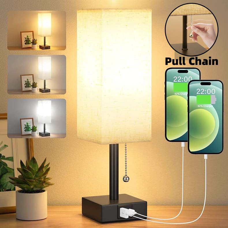 Bedside Table Lamp With 3 Levels Brightness Small Lamp With USB C & A Ports Nightstand Lamp With Pull Chain Bedroom Lamp For Living Read Work