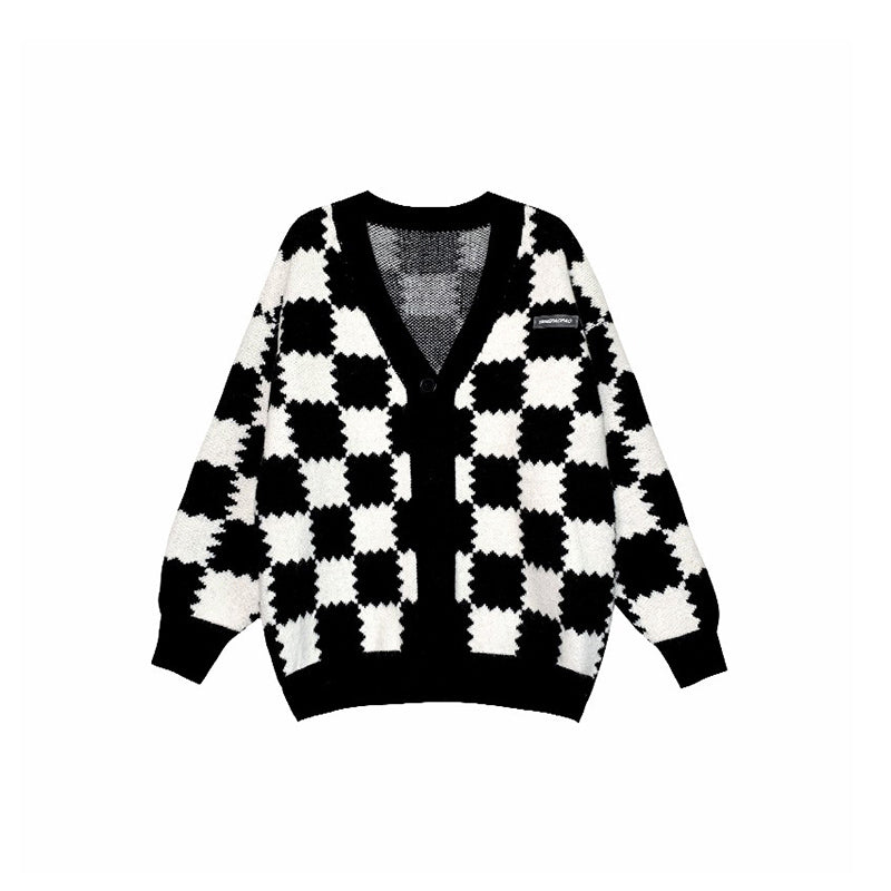 Women's Padded Checkerboard Plaid Sweater Cardigan