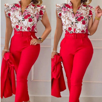 Top Solid Color Pants Suit With Belt