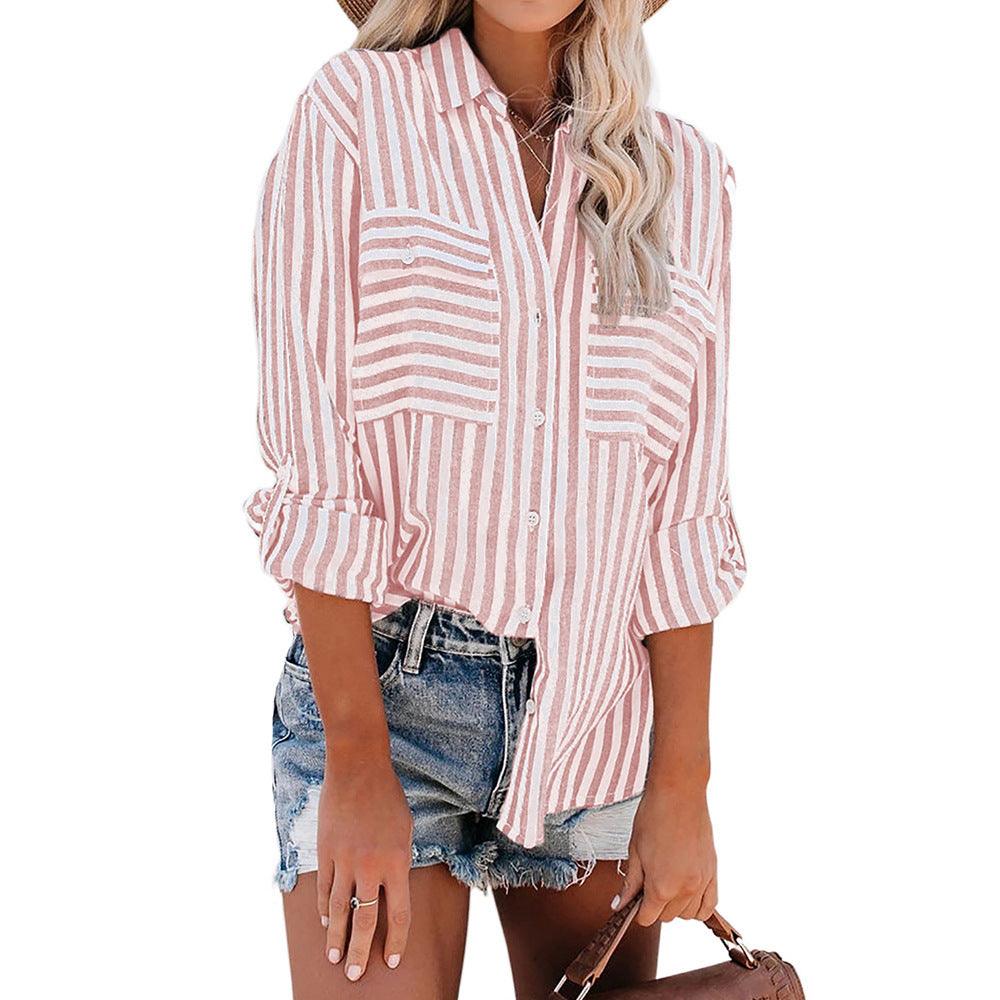 Ramie Cotton Wash Water Striped Single Breasted Long-sleeved Shirt Female