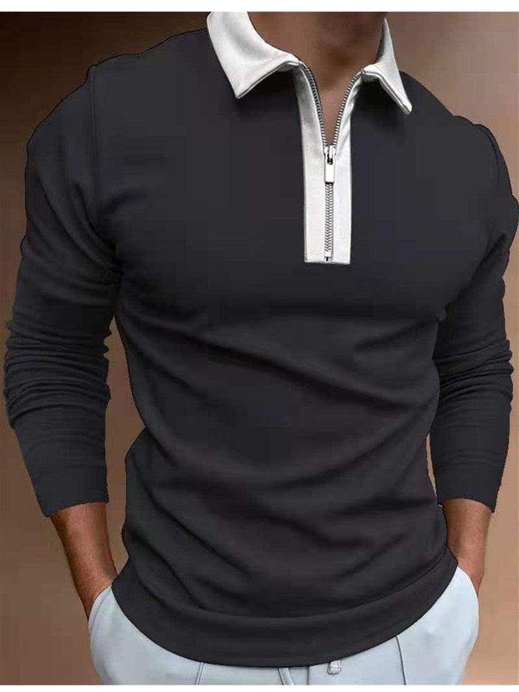 Men Zipper Stitching Lapel T Shirt Long Sleeves