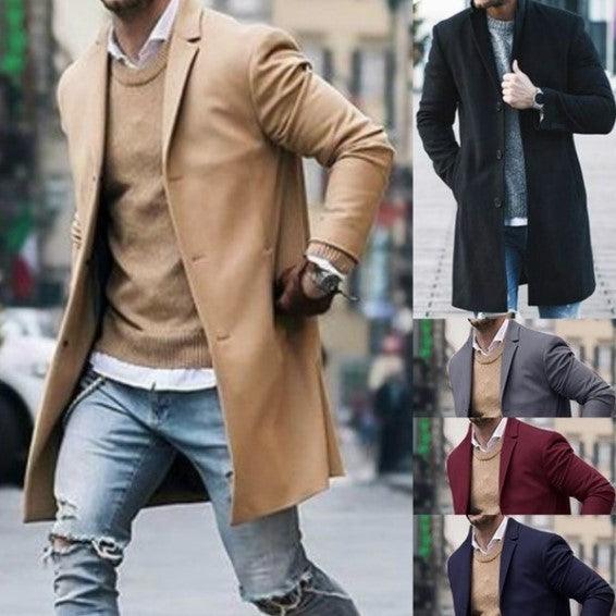 Solid Color Simple Men's Mid-length Woolen Coat