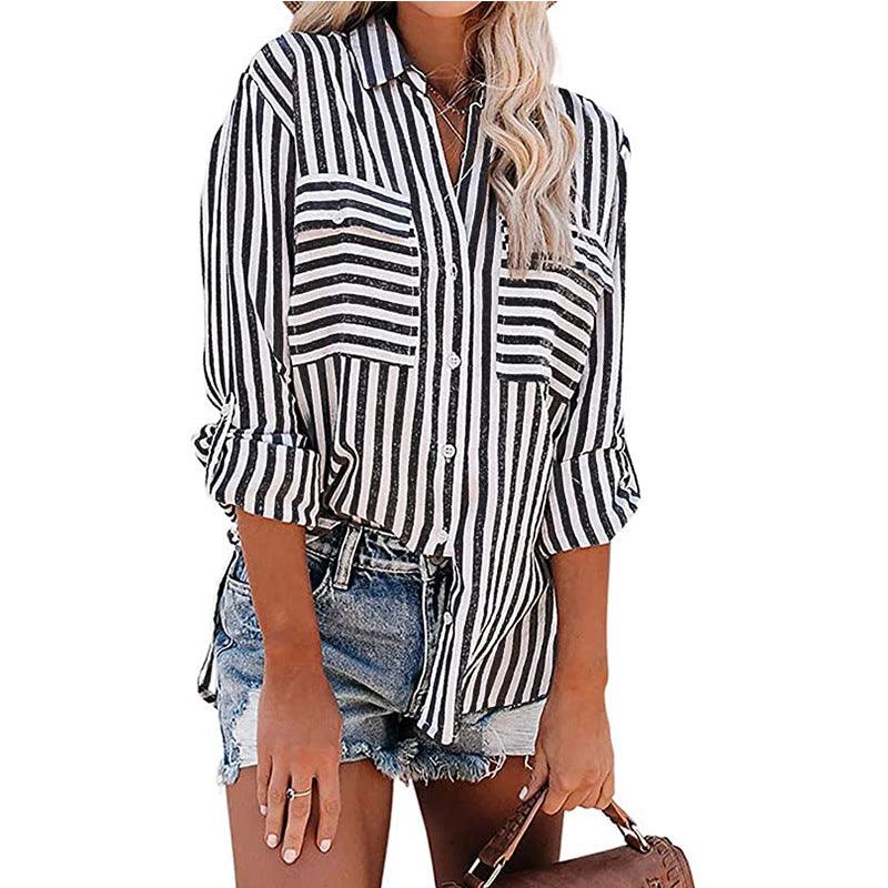 Ramie Cotton Wash Water Striped Single Breasted Long-sleeved Shirt Female