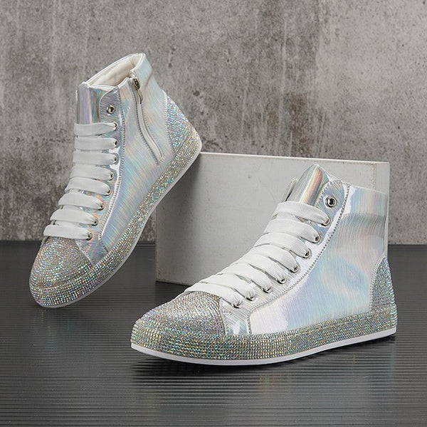 Rhinestone Inner Height Board Shoes Silver Patent Leather Colorful Laser High Top