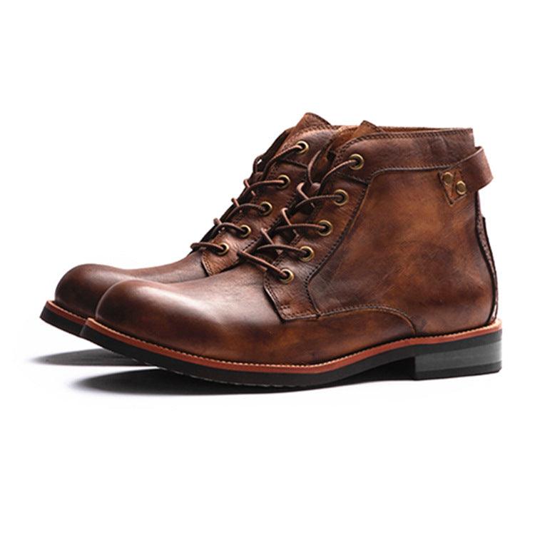Retro Boots Men Lace-up Leather Ankle Boots Low Heel Motorcycle Shoes