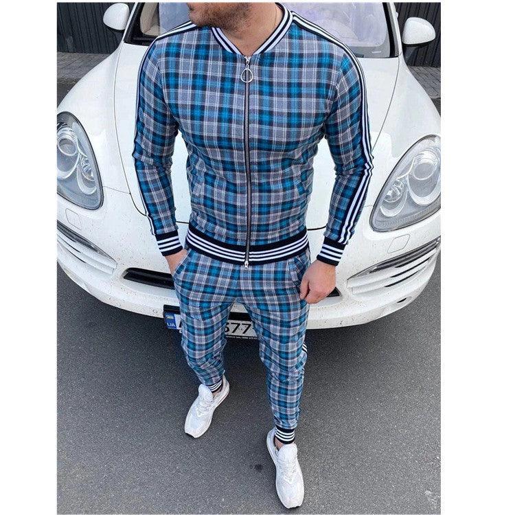 Fashion casual men's suit striped plaid jacket long pants men