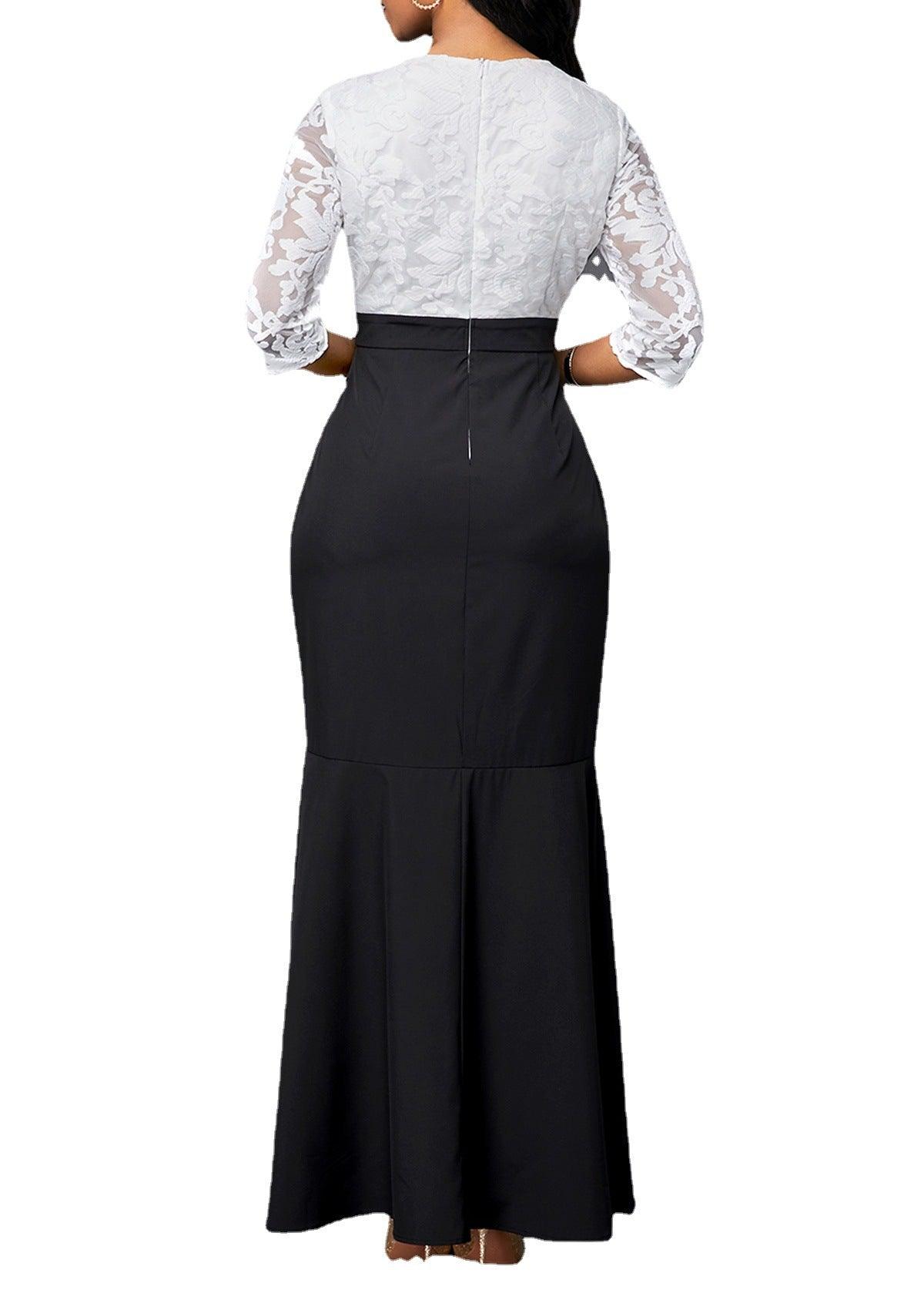 Fashion Lace Black And White Patchwork Slim Bag Buttock Dress Women