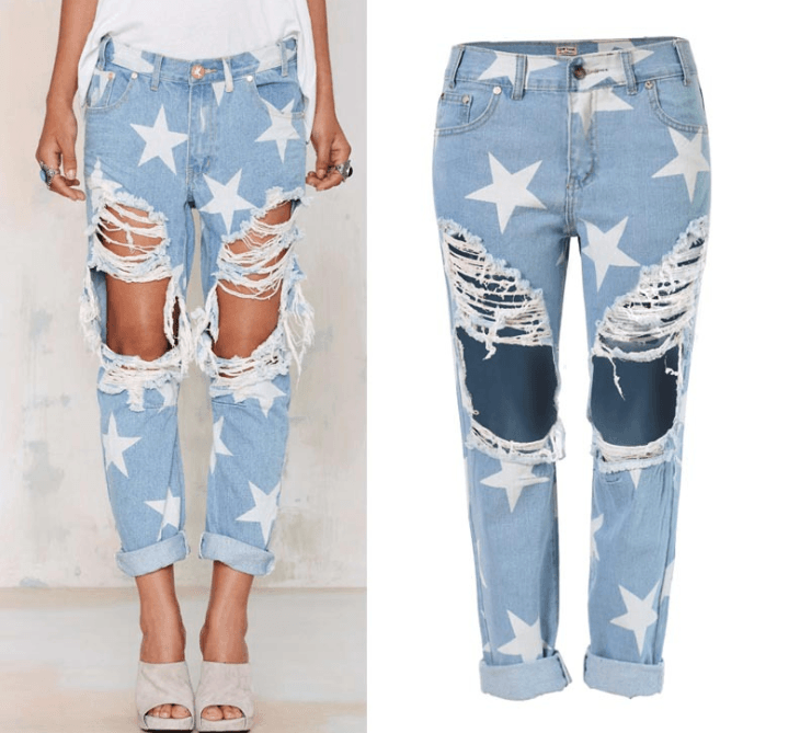 European and American women's new hole denim loose straight pants star print pants