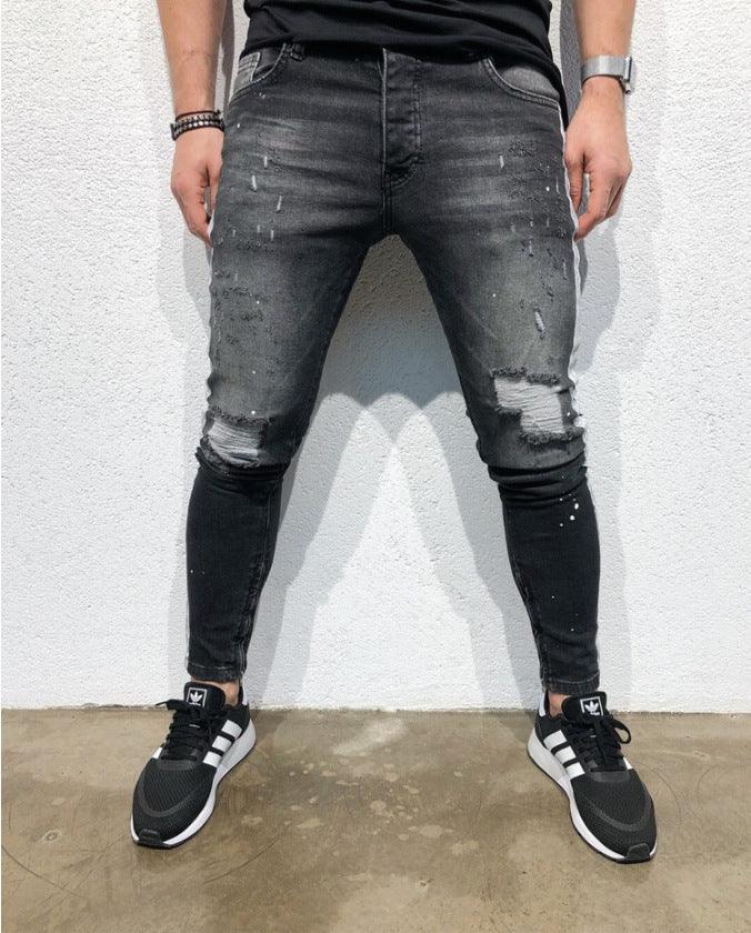 Shredded feet jeans side print jeans men