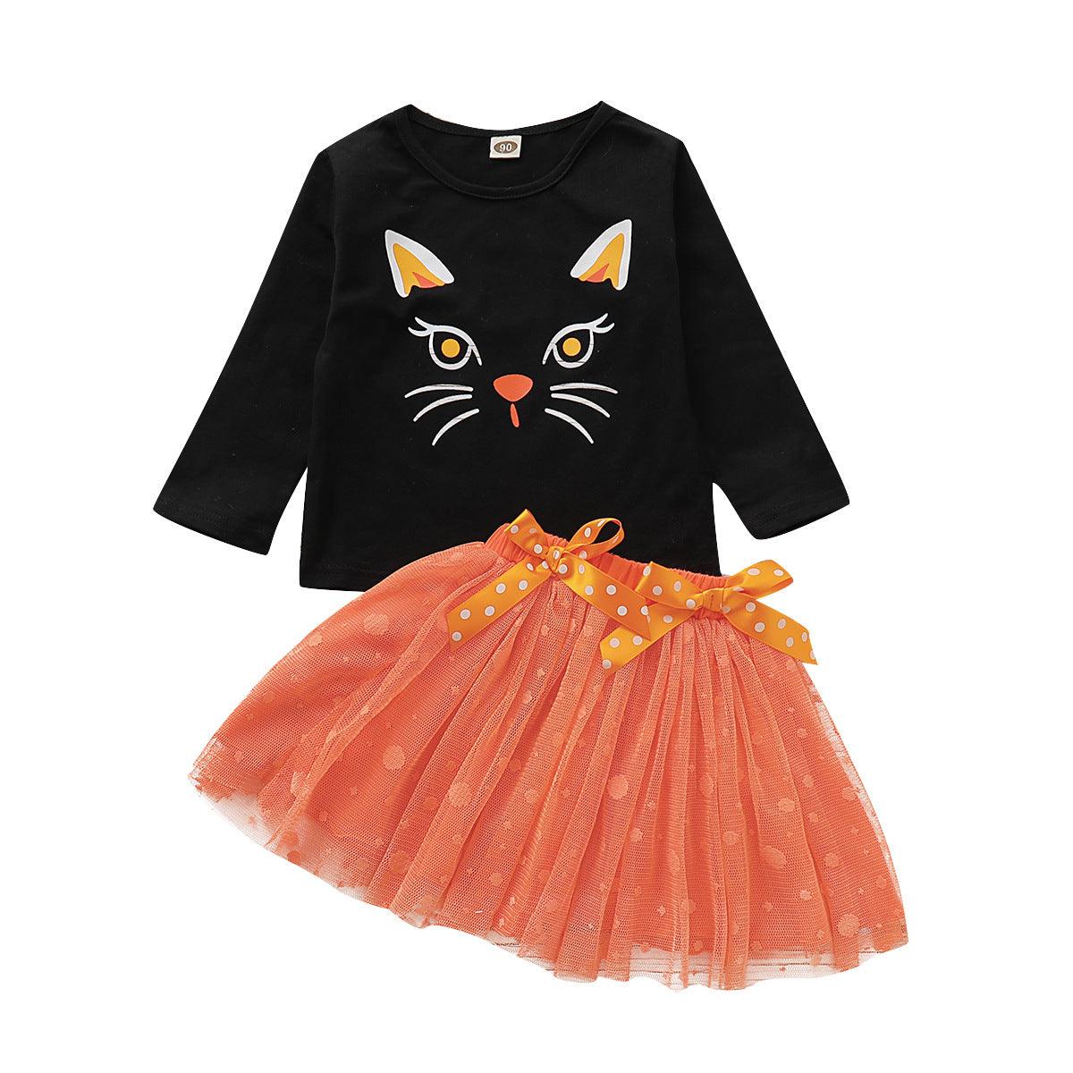 Fashion Children's Cat Pattern Halloween Two-Piece Set