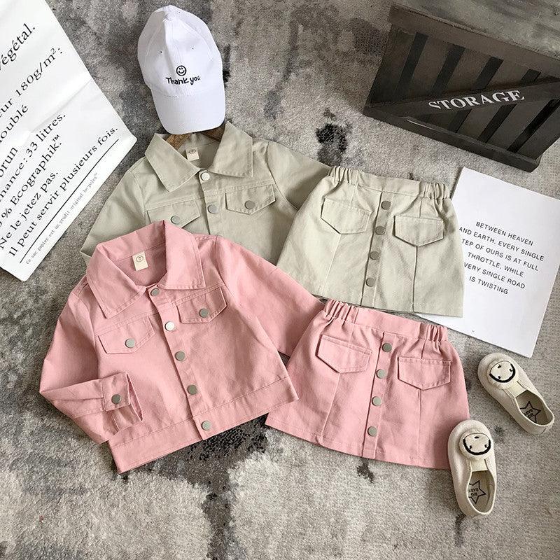 Two-piece Cotton Denim Jacket And Short Skirt For Little Girls