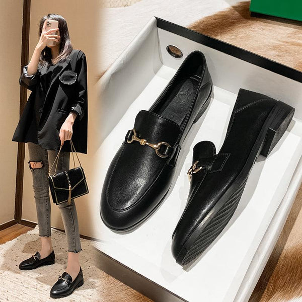 Small Black Leather Shoes Women's Leather Women's Shoes All Match Flat Shoes Women