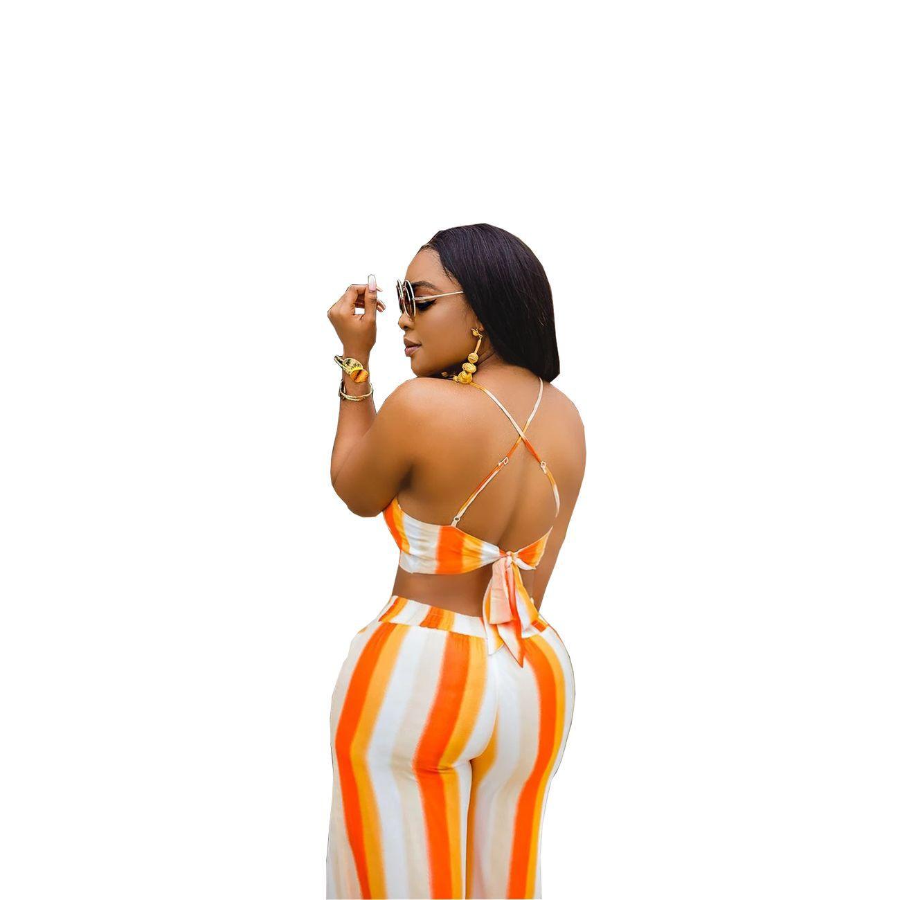 Women Summer Sexy Orange Halter Top and High Waisted Pant Fashion Style Tracksuit