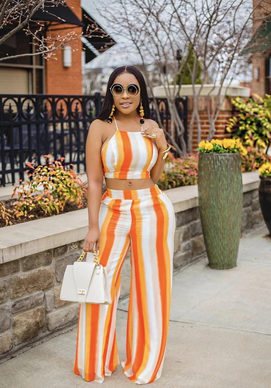 Women Summer Sexy Orange Halter Top and High Waisted Pant Fashion Style Tracksuit