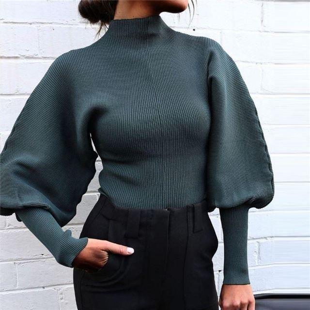 Knitted Pullover Sweaters Lantern Sleeve Black Women Sweater