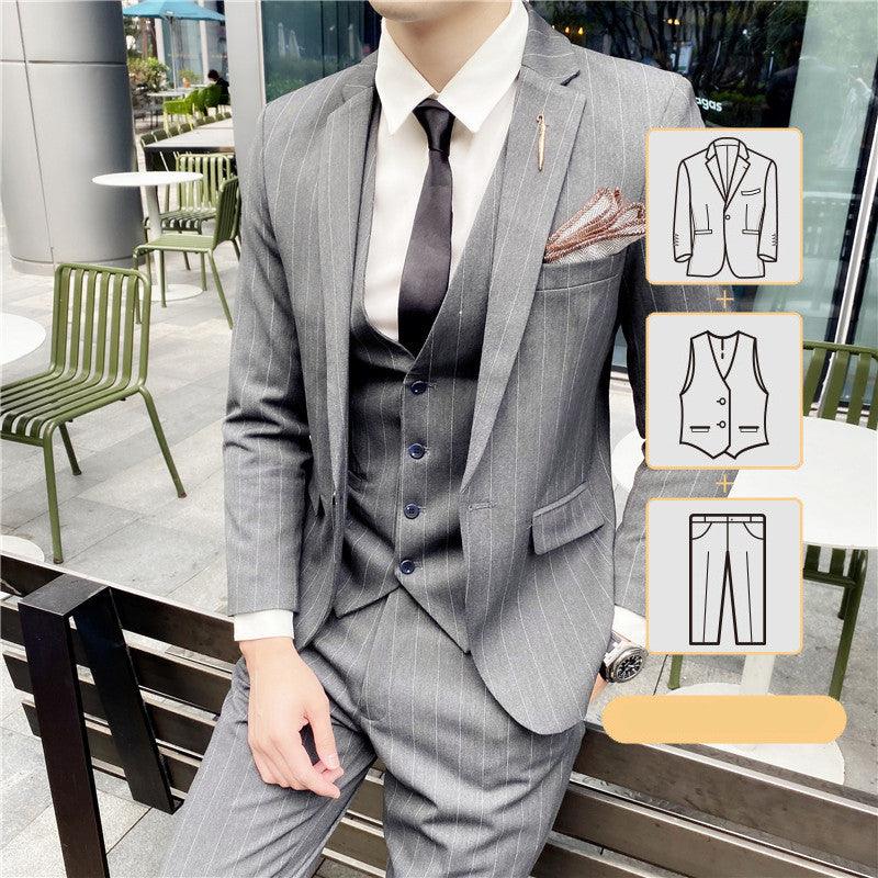 Men's suit suit Korean Slim Striped Three-piece Customized Dress Suit Suit One Button Banquet Wedding Dress
