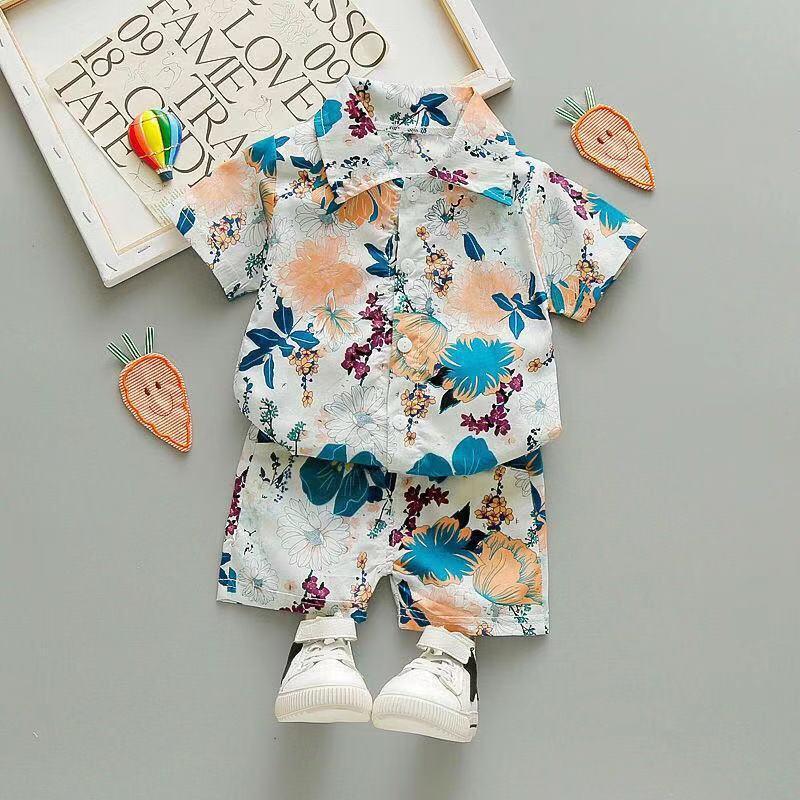 New children's Holiday Style short-sleeved Floral Shirt Suit Cardigan Beach Shorts Two-Piece Suit