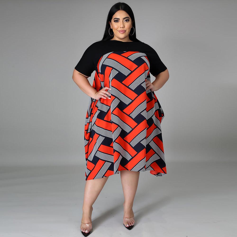 Printed Big Skirt Women Casual Round Neck Short Sleeve Plus Size Dress