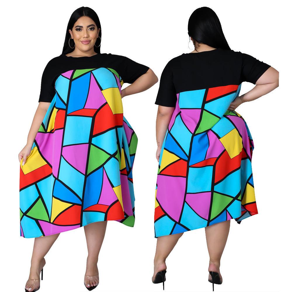 Printed Big Skirt Women Casual Round Neck Short Sleeve Plus Size Dress