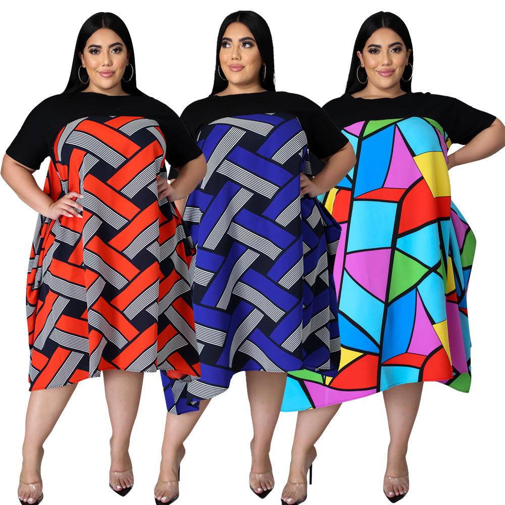 Printed Big Skirt Women Casual Round Neck Short Sleeve Plus Size Dress