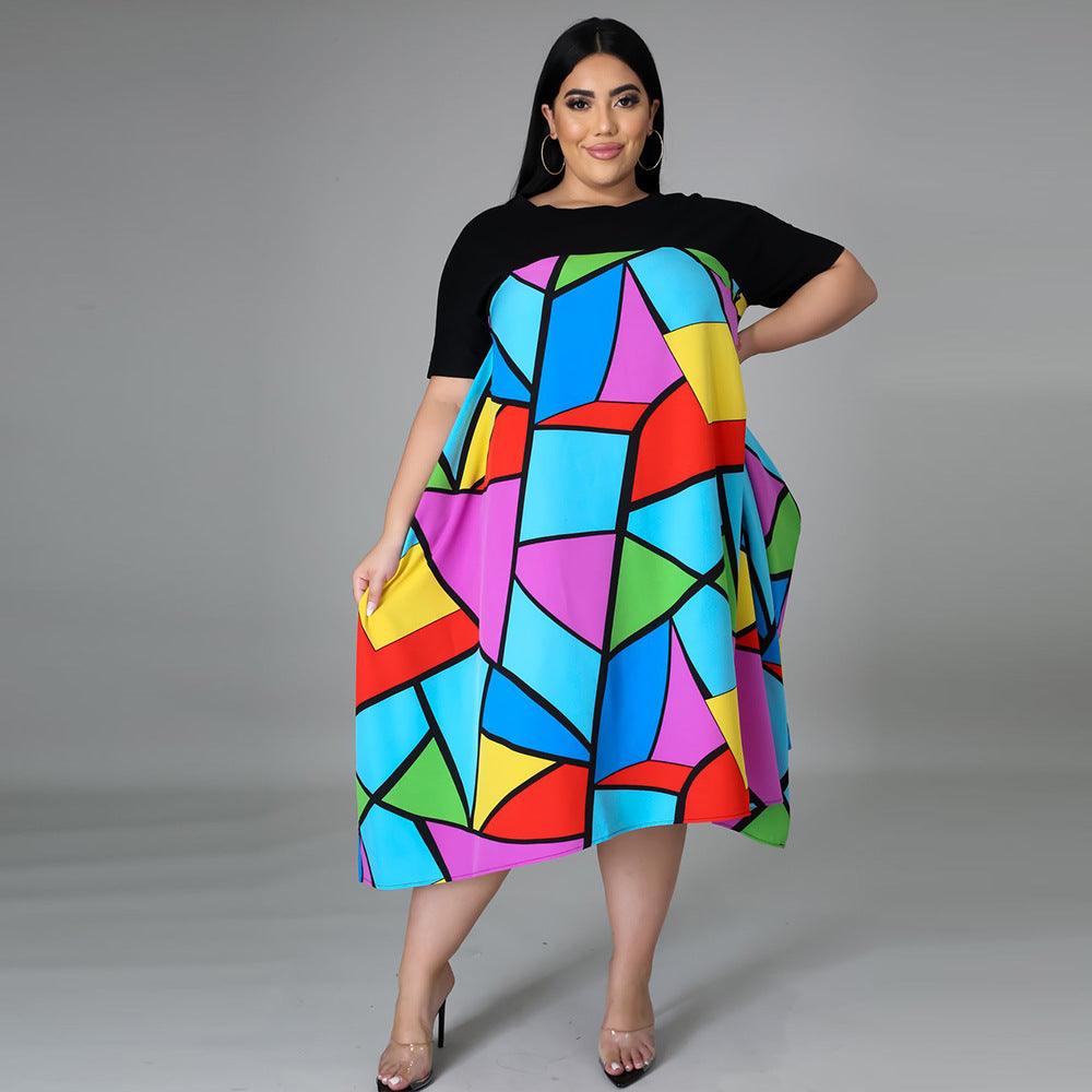 Printed Big Skirt Women Casual Round Neck Short Sleeve Plus Size Dress