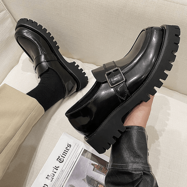 Buckle Japanese Thick-Soled Retro Round Toe Small Leather Shoes British Bright Surface Casual Platform Shoes