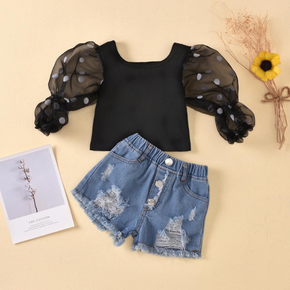 Children'S Clothing Cotton Dot Mesh Sleeves Striped Top Ripped Denim Shorts Kids Suit
