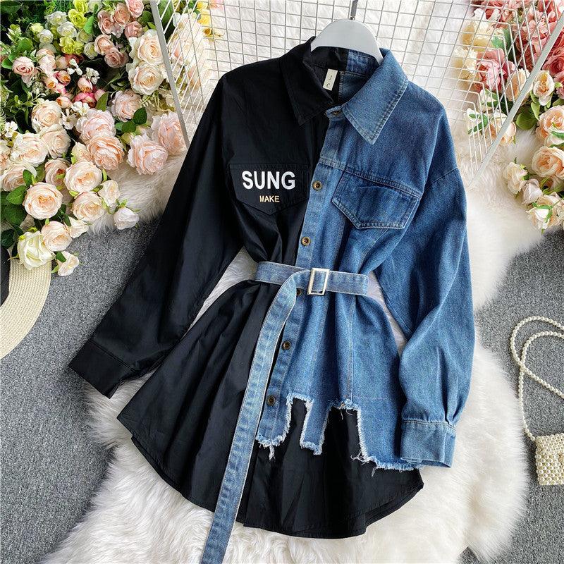 Women's Long-sleeved Denim Stitching Dress