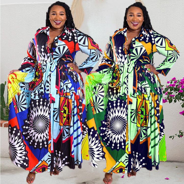 Plus Size 5XL Long Dress African Dresses For Women Robe Print Maxi Dress African Clothes Long Sleeve Big Swing Party Dress Beach