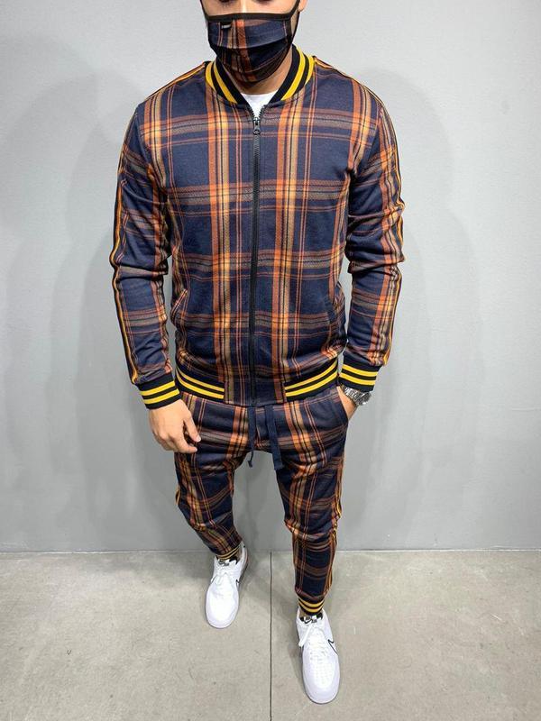 New Men's Leisure Suits Tracksuits Men Grid Two-piece Patchwork Zipper Tracksuits Small leg Trouser Sportswear 2021 New Man Sets