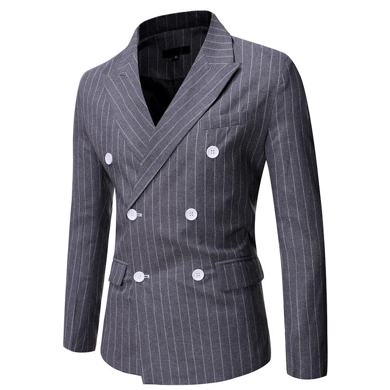 Autumn And Winter New Men's Striped Casual Double-breasted Gun Collar Suit