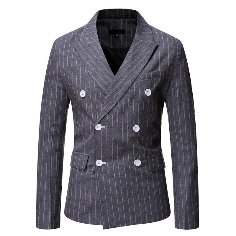 Autumn And Winter New Men's Striped Casual Double-breasted Gun Collar Suit