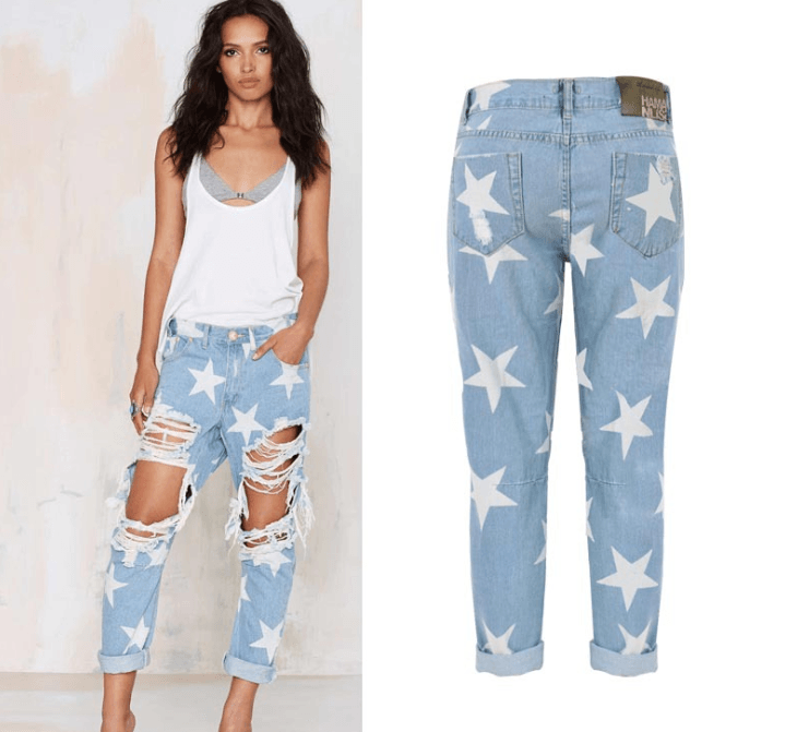 European and American women's new hole denim loose straight pants star print pants