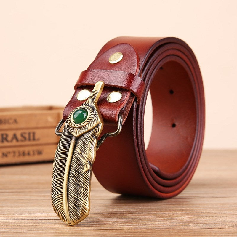 Men's First Layer Cowhide One-leaf Flat Boat Belt With Copper Plate Buckle