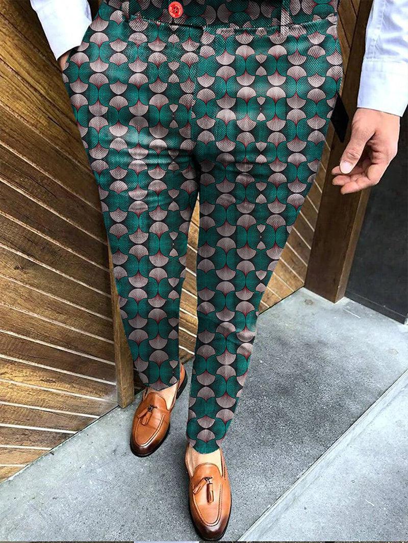 Spring Retro Pattern Print Straight Long Pants Men Casual Business Mid Waist Zipper Suit Trousers Mens Autumn Fashion Streetwear