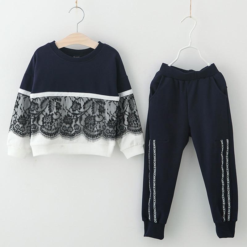 Girls lace stitching sweater two-piece suit