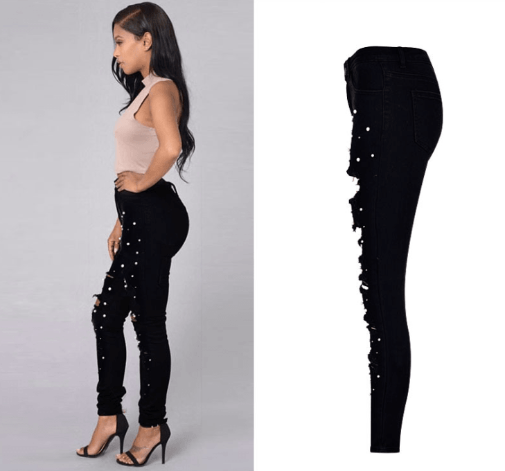 European and American women's high waist slim elastic irregular two-color studded pearl denim feet pants washed holes large size