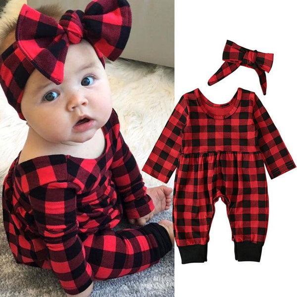 Girls' long-sleeved plaid one-piece two-piece suit