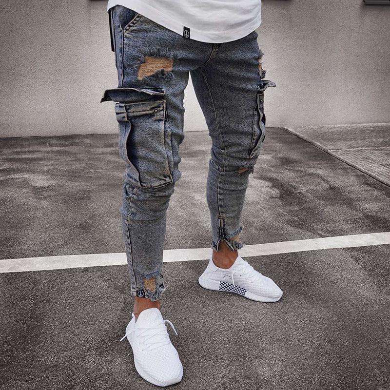 Men's jeans trend knee hole zipper feet pants hi road men knee eversion