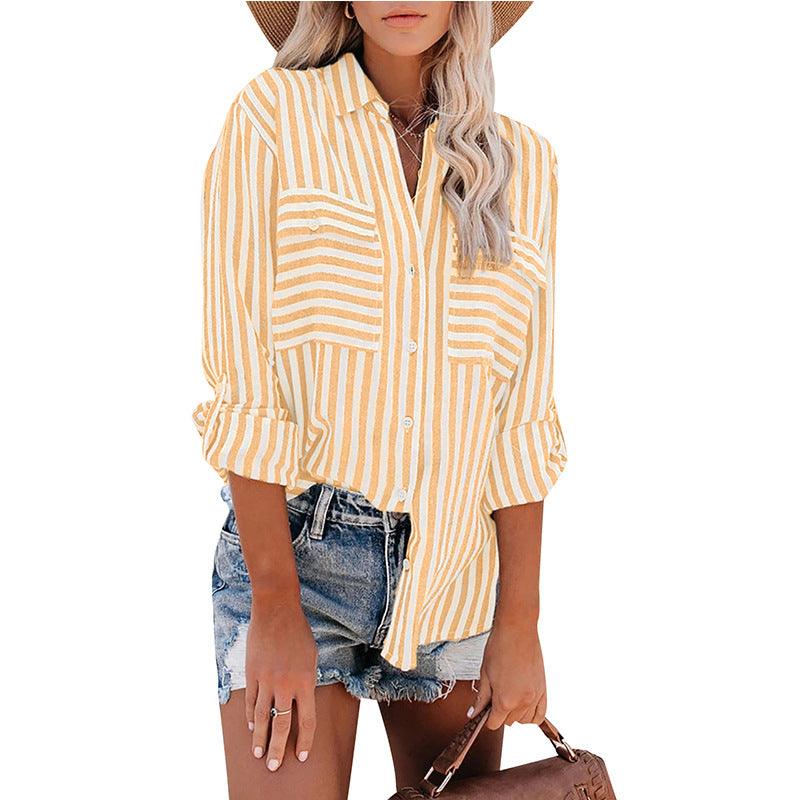 Ramie Cotton Wash Water Striped Single Breasted Long-sleeved Shirt Female