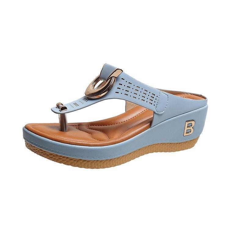 Thong Sandals Women High Heel Wedges Shoes Flip Flops Metal Decorative Slides Slippers