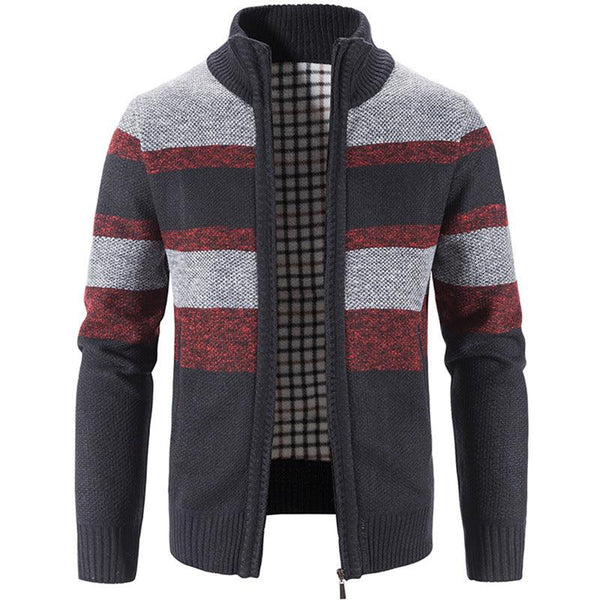 Plush Padded Stand Collar Cardigan Men's Stripes